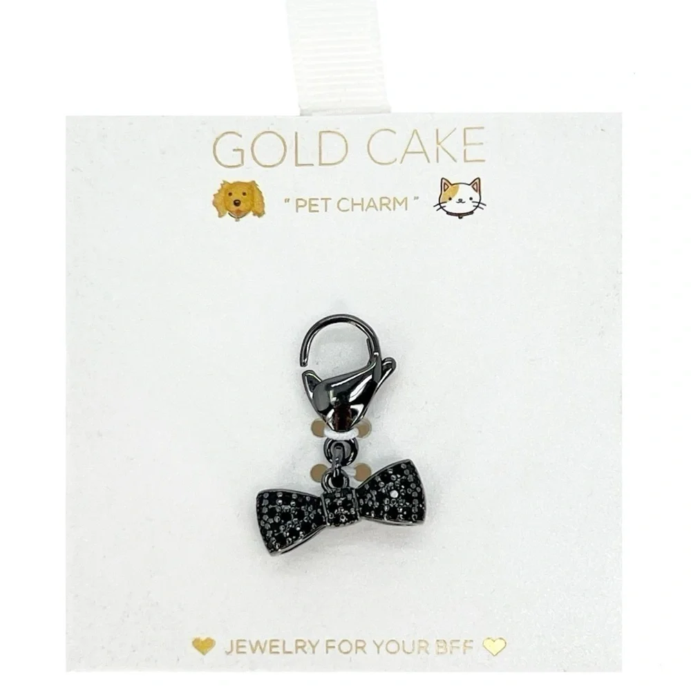 Pet Collar Charm Black Bow Tie Rhinestones Jeweled Jewelry Dog Cat Gold Cake NWT